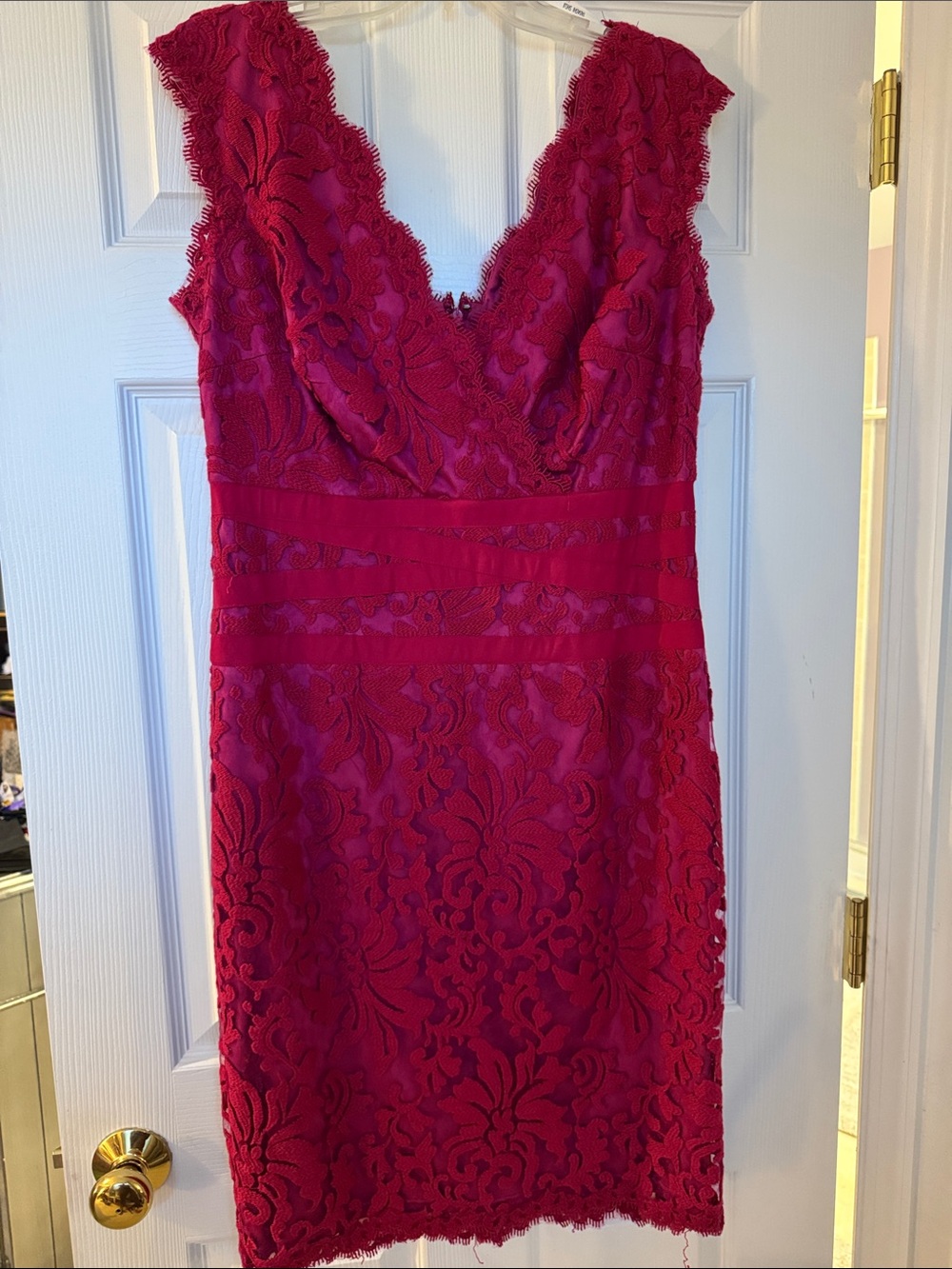 Tadashi Shoji Fuchsia Lace V-Neck Midi Dress